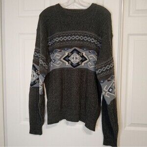 80's Vintage Crewneck  Grandpa Sweater Cable Knit Blue White Tribal Sz XLT